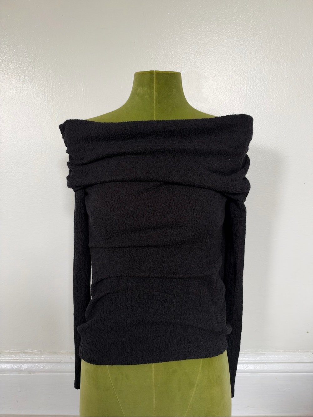 Zara Black Textured Off the Shoulder Bardot Long Sleeve Top Size Medium